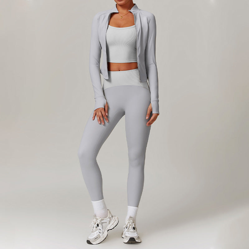 Long Sleeve Full Zipper Fitness Top + High waist leggings 2-pieces set