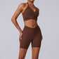 halter sports bra + high waist shorts 2-piece set