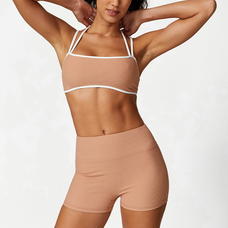 Breathable Contrasting Thin Straps Sports Bra+ Shorts Set