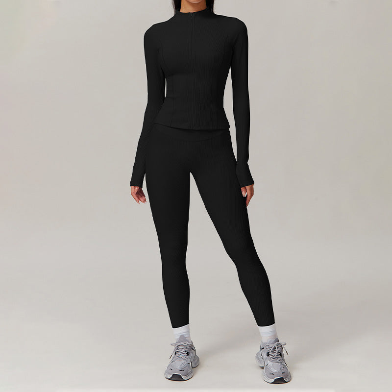 stand collar Full Zipper Fitness jacket + High waist leggings 2 piece set