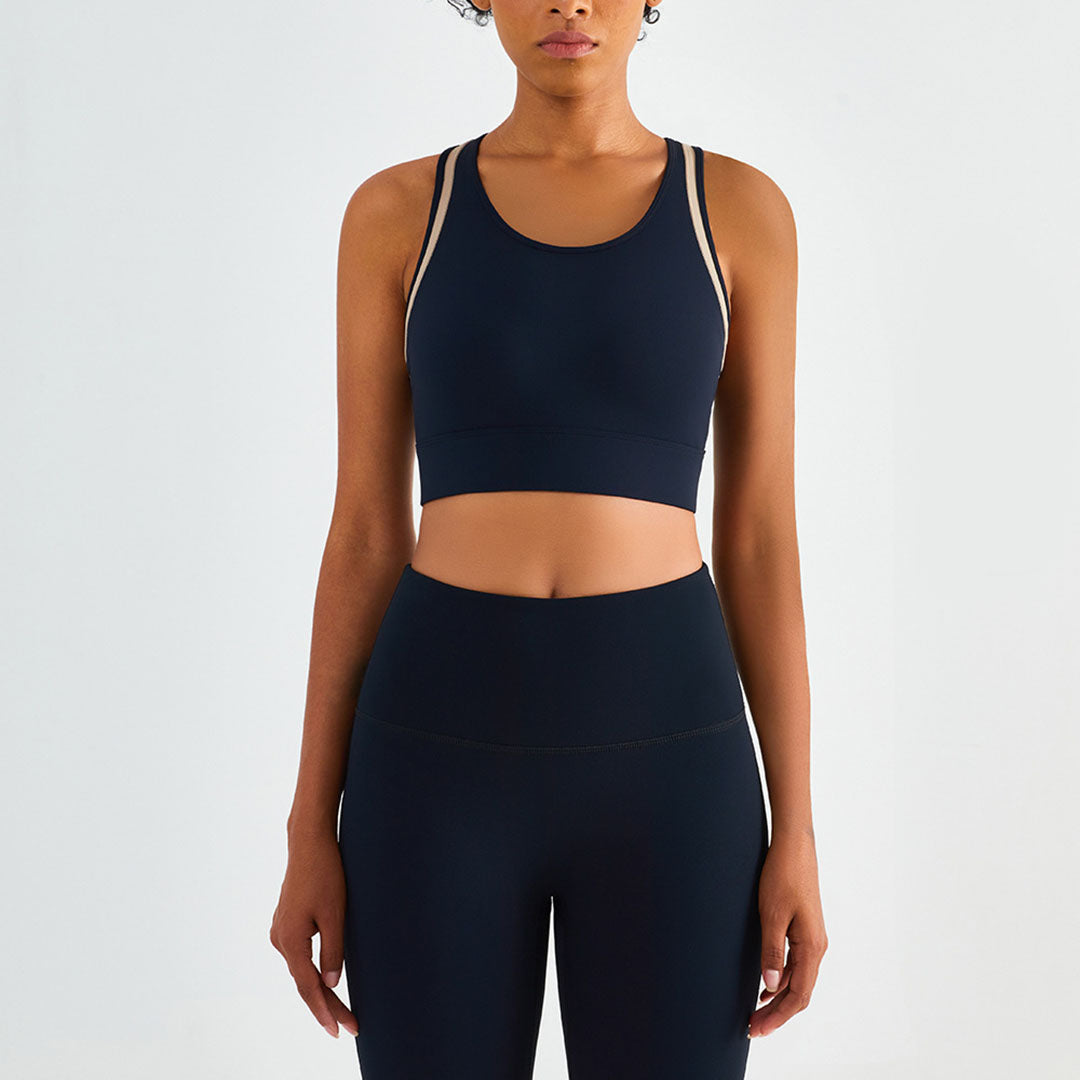 Solid color side lines adorn the full-cup sports bra