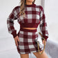 Casual checkered long sleeved sweater with buttocks wrapped skirt set