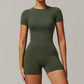 Threaded seamless short sleeve top+ high waist shorts 2 pieces set