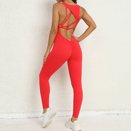 Wide shoulder strap back hollowed out sports jumpsuit