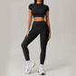 stand-up collar crop top + High-waisted leggings 2-piece set