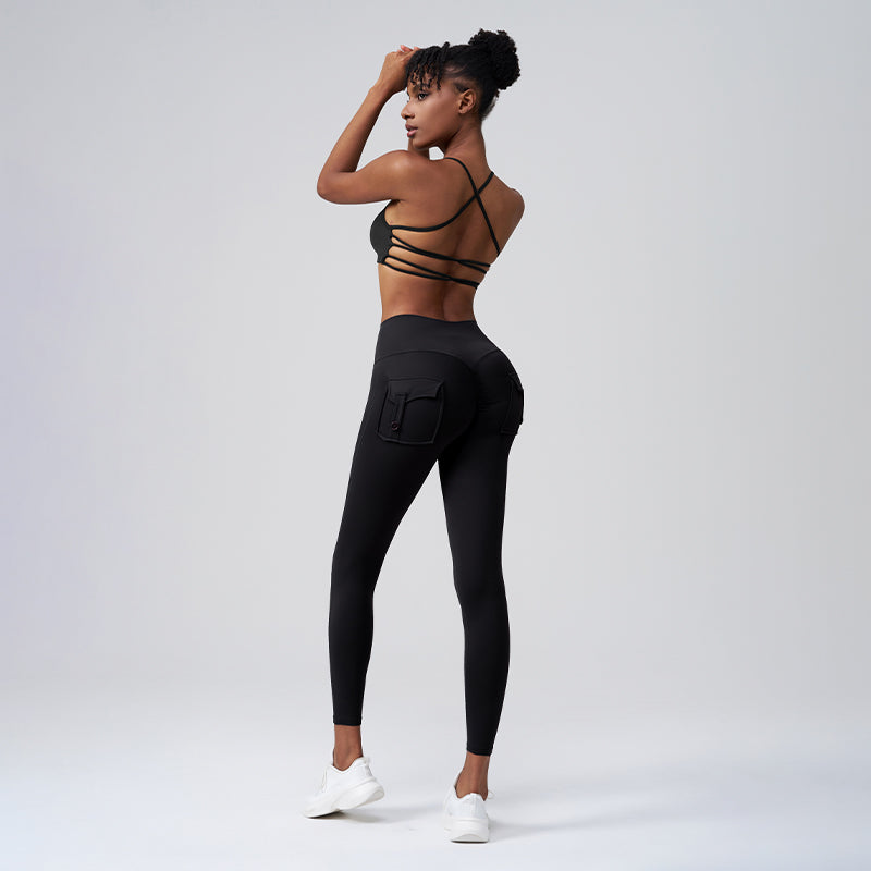 Seamless Cross Back Gym Bra + Cargo Pocket Leggings-2 Pieces Set