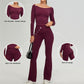 off shoulder long sleeve sports top + Flared Leg pants 2-piece set