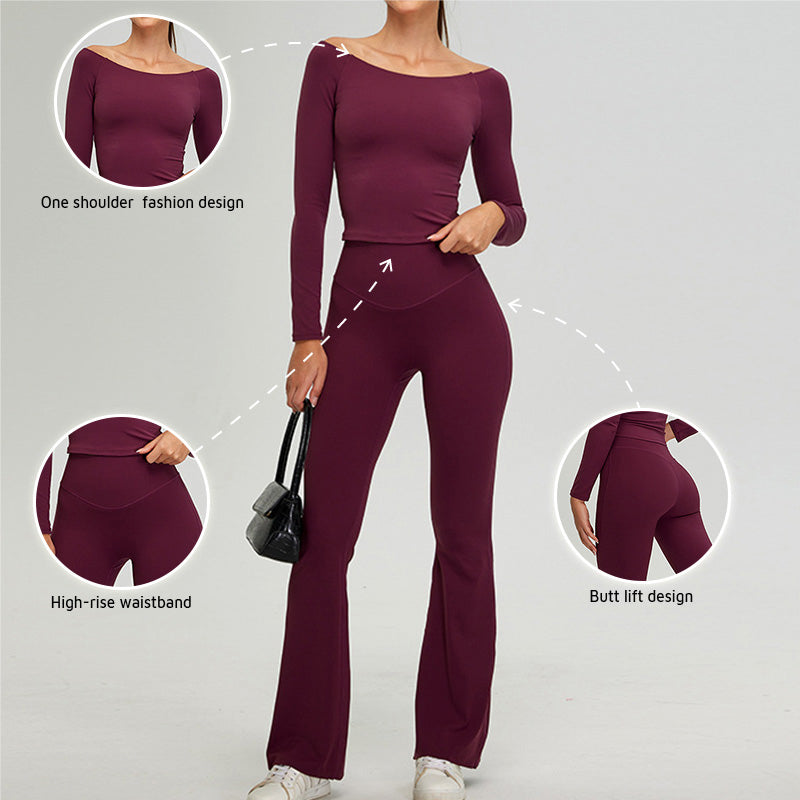 off shoulder long sleeve sports top + Flared Leg pants 2-piece set