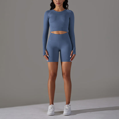 Seamless Knitting Sports Long Sleeve Top + High-Waisted Shorts Set