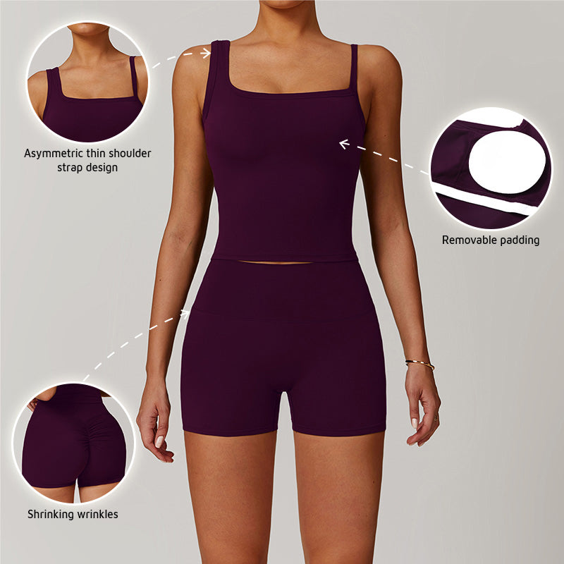 Brushed Asymmetric straps sports tank top + High-waist shorts 2-piece set