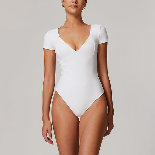 Quick-Dry V Neck Short Sleeve Thong Bodysuits