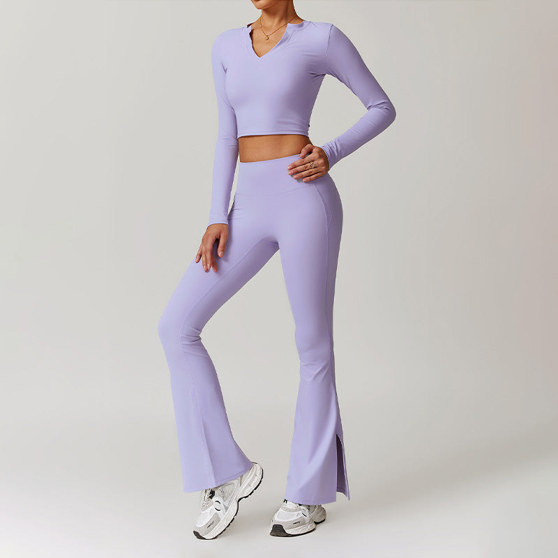 Nude Outdoor Sports Long Sleeve Top + High-Waisted Flared Leg Pants Set