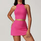 Solid Color Wide Strap Sports Tank Top + Skirts 2-piece Set