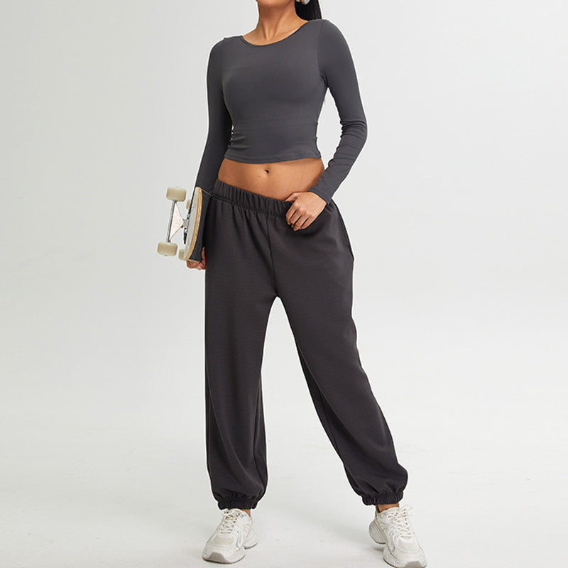 long sleeved Backless top And Elastic Leg Sweatpants 2-piece Set