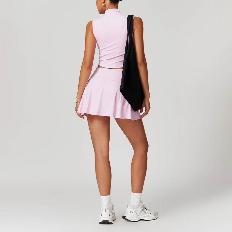 High Collar Sports Tank Top + Skinny Tennis Skirts 2 piece Set