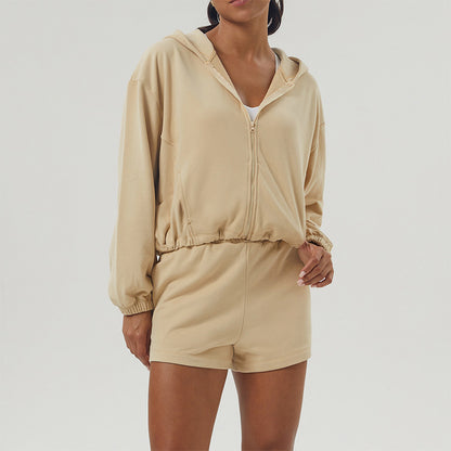 Fitness Loose Zipper Hooded Long Sleeve Sweatshirt + Shorts Set