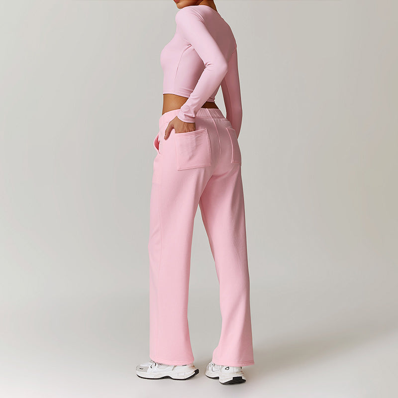 Casual high-waisted straight leg sweatpants and slimming long-sleeved Set