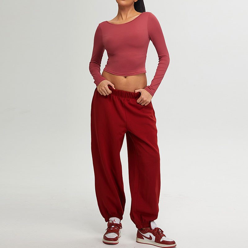 long sleeved Backless top And Elastic Leg Sweatpants 2-piece Set