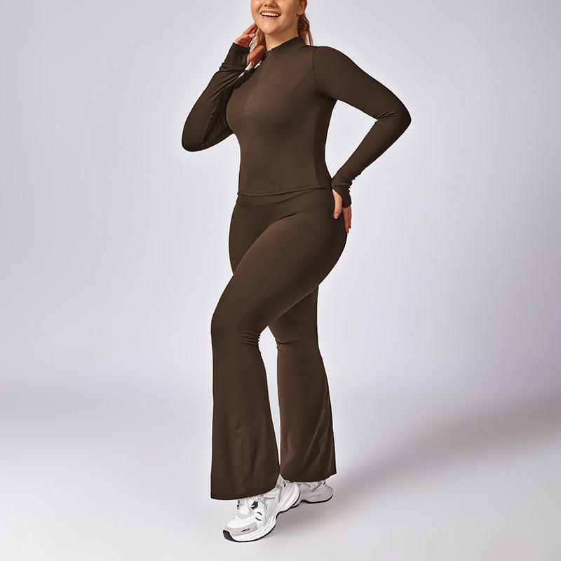 Plus Size Quick Dry Zip-up Sports Long Sleeve + Flared Leg Pant 2-piece set