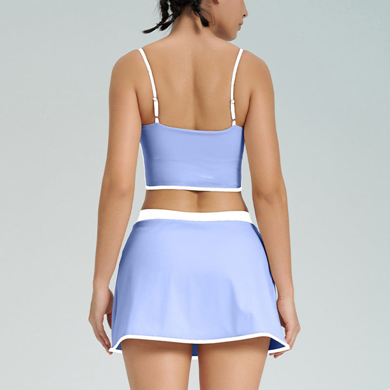 Quick-Dry Contrasted Color Sports Bra + Tennis Skirt 2-Piece Set