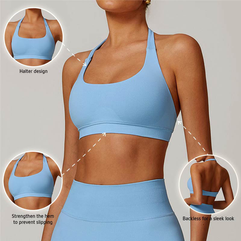 Seamless halter and backless sports bra