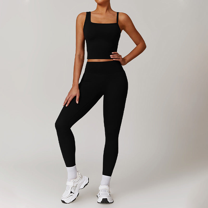 Brushed Asymmetric straps sports tank top + High-waist leggings 2-piece set