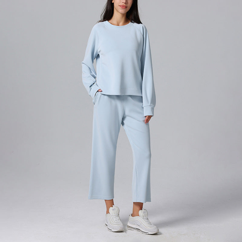 Modal Round Neck Casual Sports Long Sleeves + High Waist Cropped Straight Pants Set