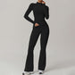 Stand collar zipper long sleeve jacket+High-waisted hip-lifting bell-bottom pants 2 pieces set