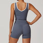 Contrasted color Fitness Nude Yoga Tank Top & High-waisted shorts Set