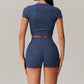 stand-up collar crop top + High-waisted shorts 2-piece set