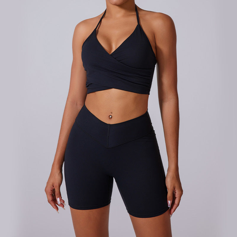 halter sports bra + high waist shorts 2-piece set