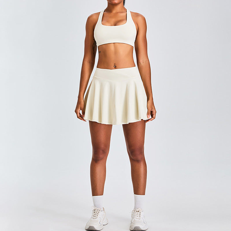 Breathable Cross Back Sports Bra + Pleated Tennis Skirt 2-Piece Set