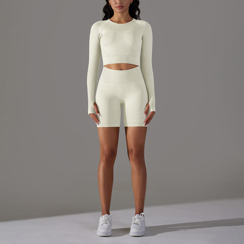 Seamless Knitting Sports Long Sleeve Top + High-Waisted Shorts Set