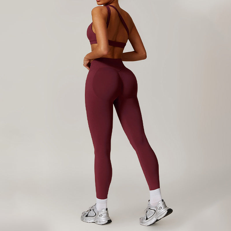 Nude Hollow out Fitness Bra + High waist leggings 2-pieces set