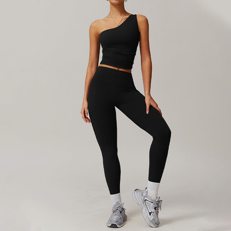 Quick-dry one shoulder sports top + High waist leggings 2 pieces set