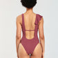 A diagonal ruffled one-piece swimsuit