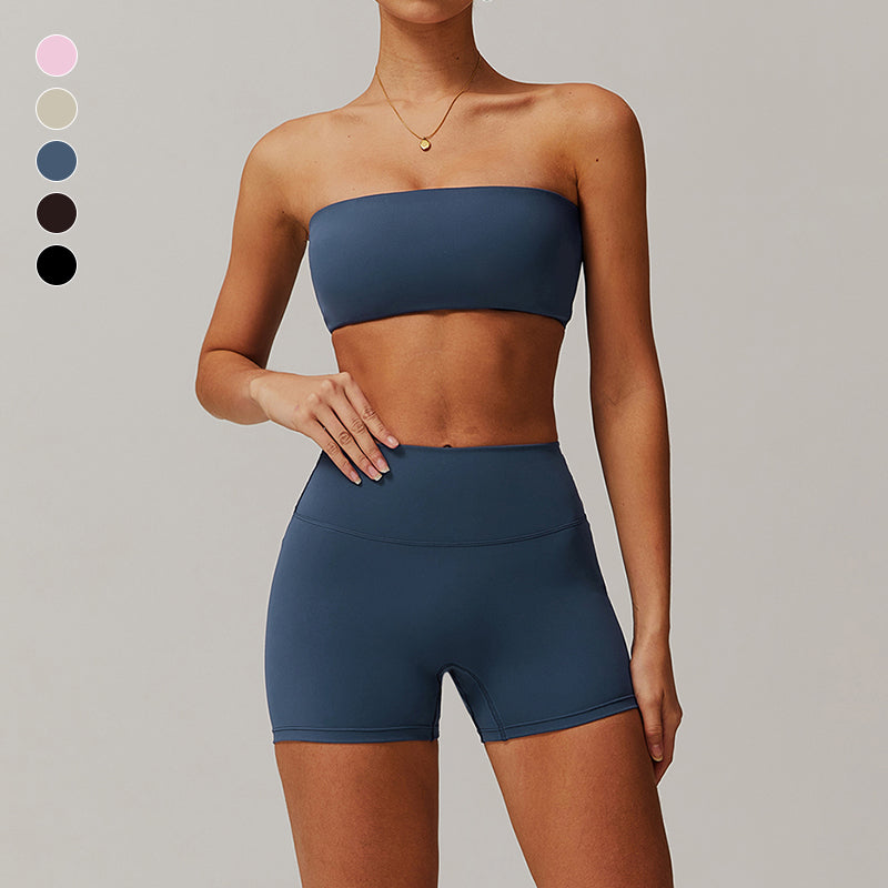 Nude tube top with sports bra+Solid High-waist shorts 2 pieces set