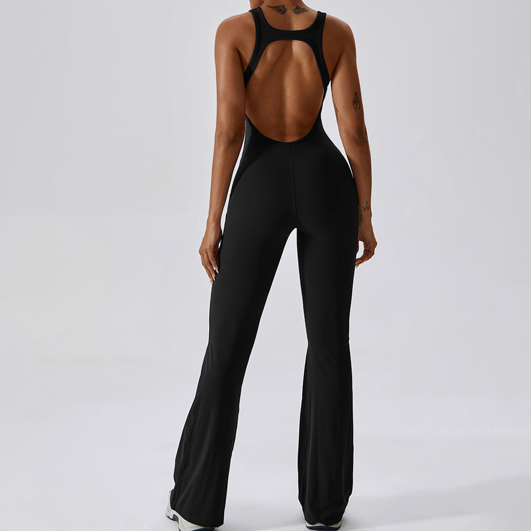 Solid flared trousers cutout back jumpsuit