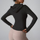 Long sleeved zippered hooded sports top