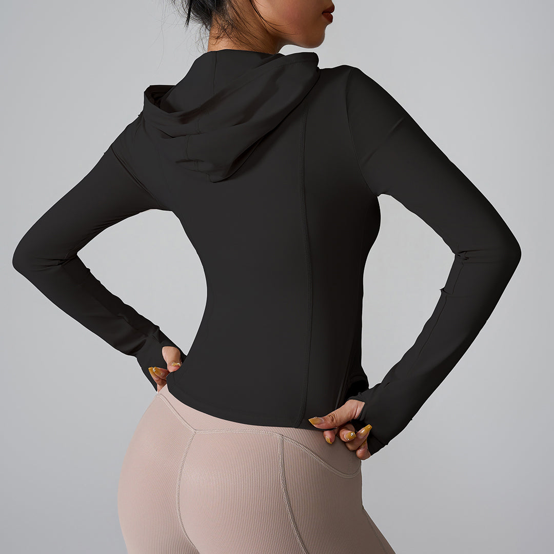 Long sleeved zippered hooded sports top