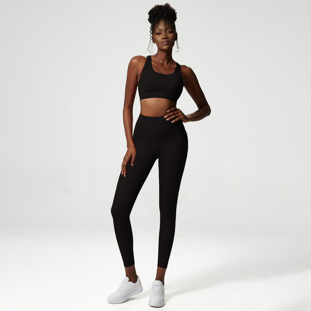 Back crossover solid sports bra + pants two-piece set