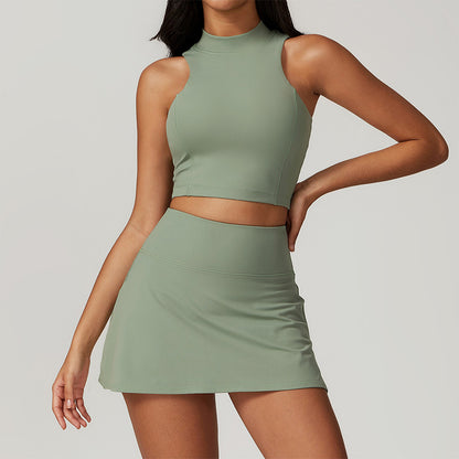 Solid Color Wide Strap Sports Tank Top + Skirts 2-piece Set