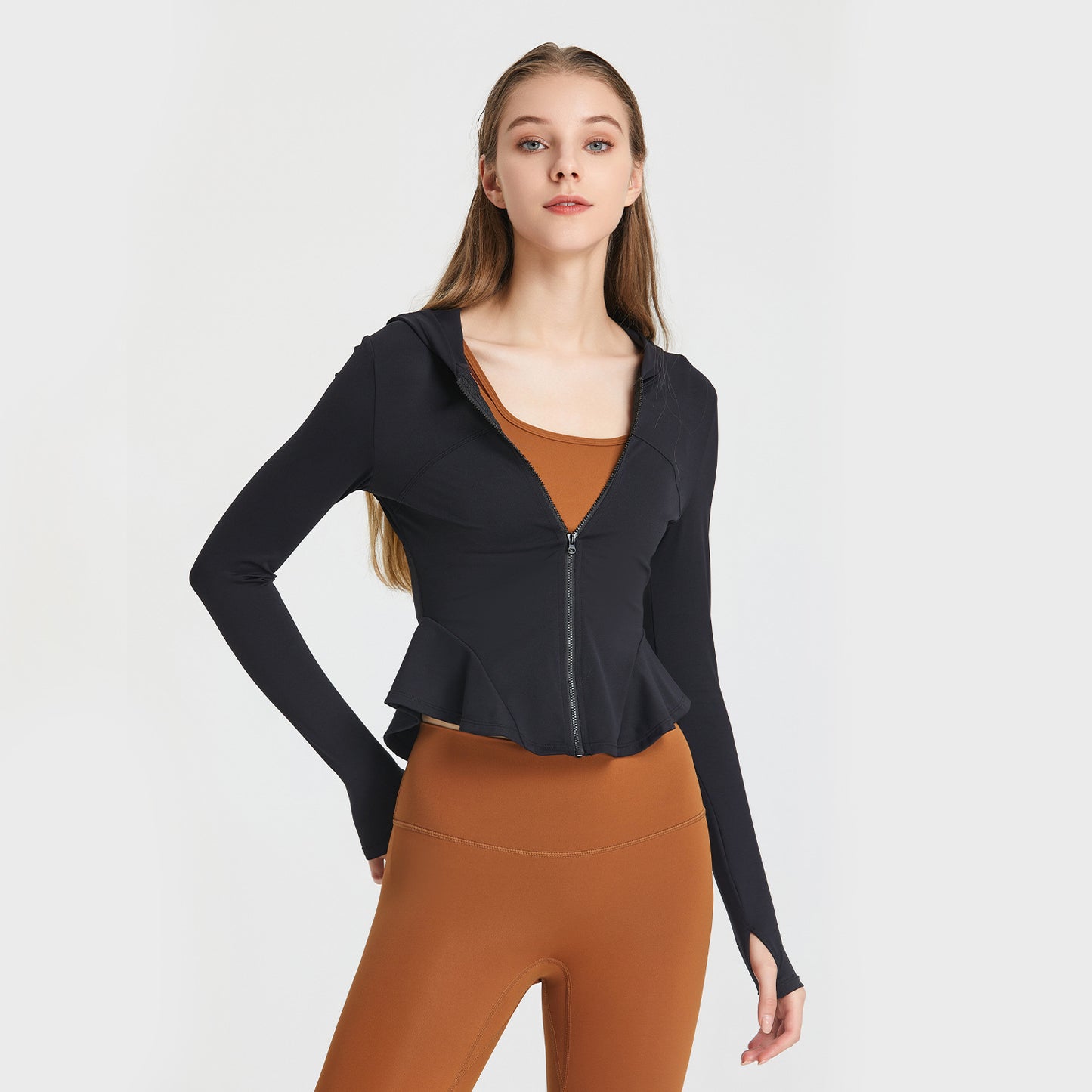 Cropped zipper, long-sleeved hooded top