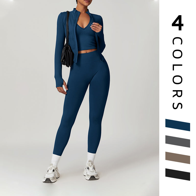 Seamless Yoga Bra + Legging + Long Sleeve Full Zipper Jacket 3-piece Set