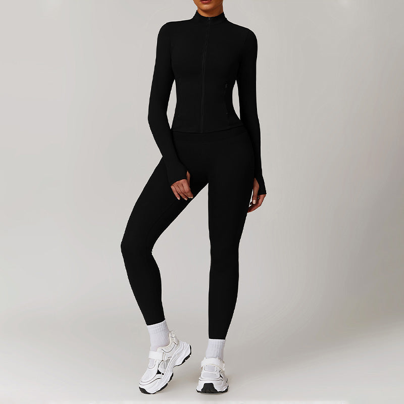 Long Sleeve Full Zipper Fitness jacket + High waist leggings 2-piece set