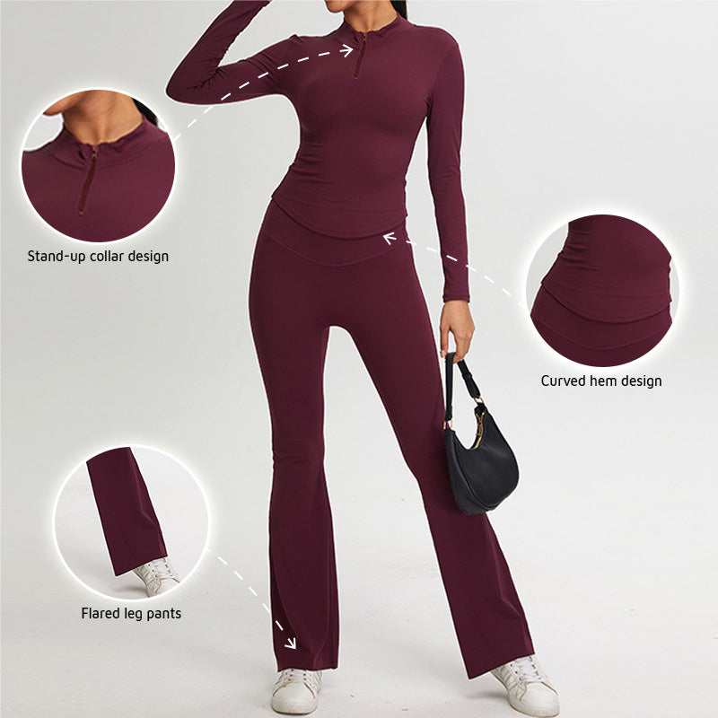 Half zipper long sleeve sports top + Flared Leg pants 2-piece set