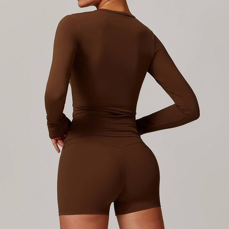 Brush long sleeve sports top & high waist Shorts 2 piece Set