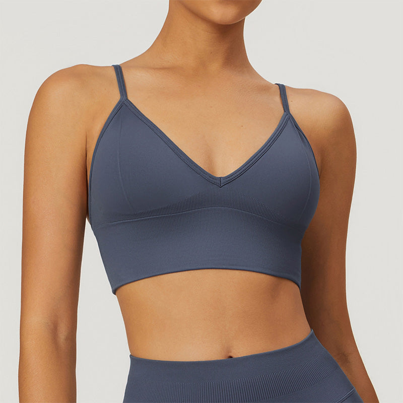 Seamless V Neck Quick-Dry Thin Straps Sports Bra