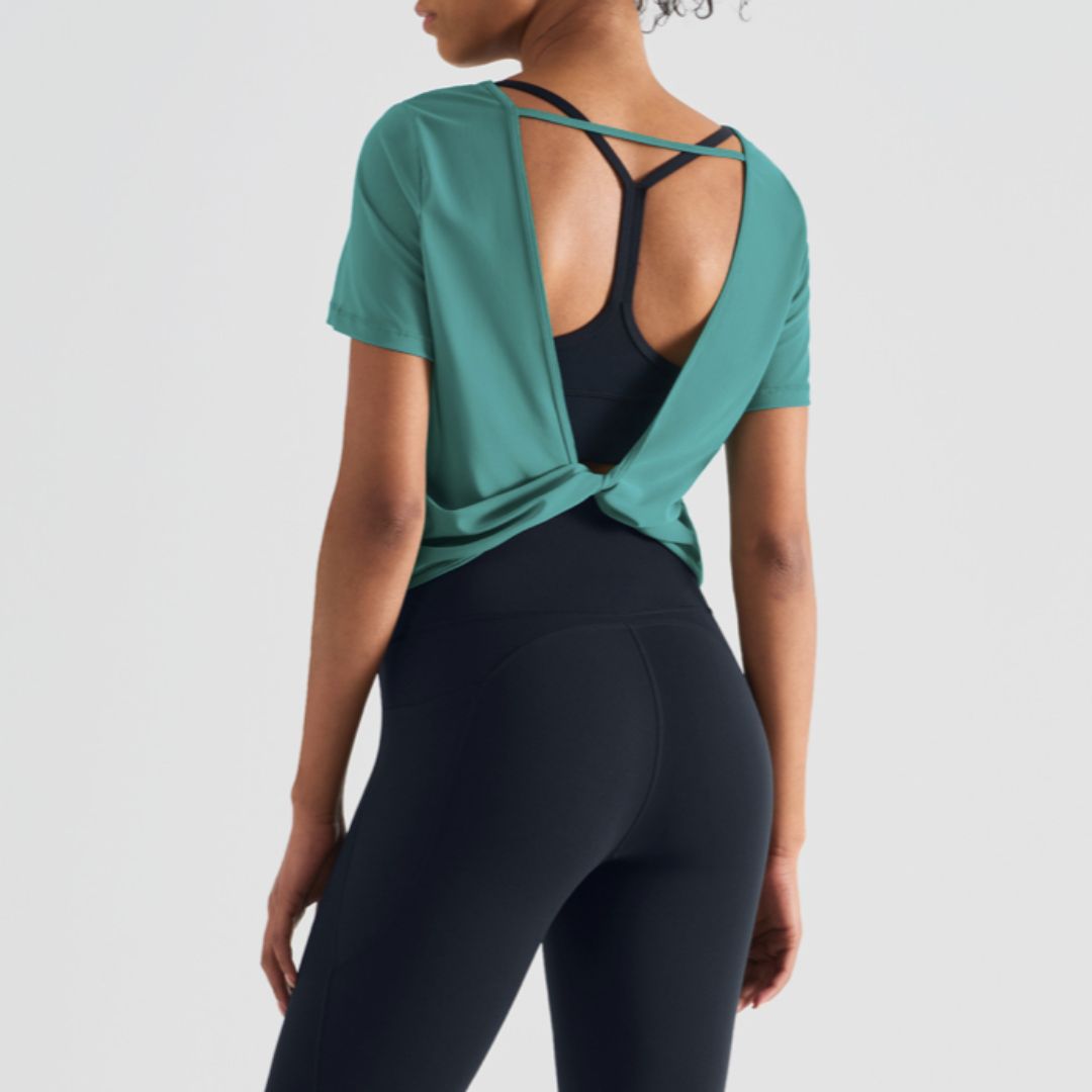 Mesh short-sleeved crewneck open-back top