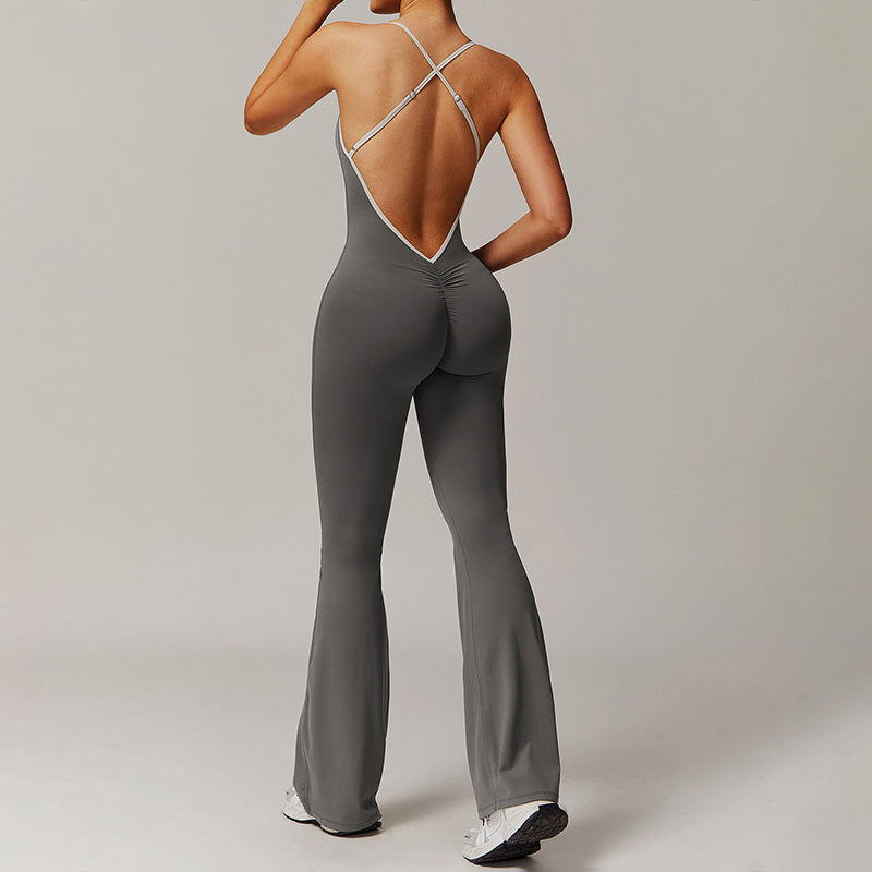 Hollow back yoga suit hip-lifting pleated flared jumpsuit